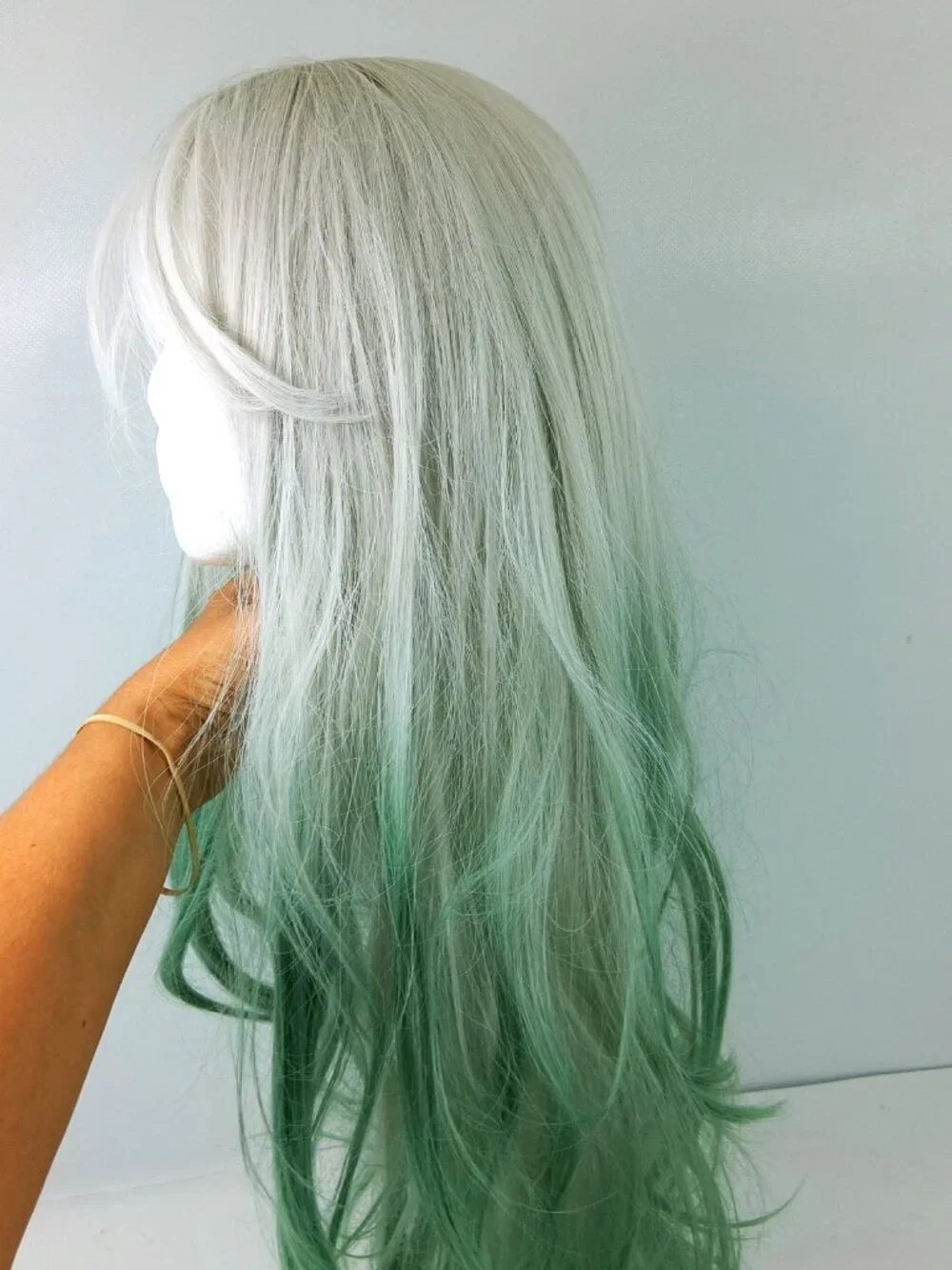 Long Layered Wig White Blond Gradient Pastel Green